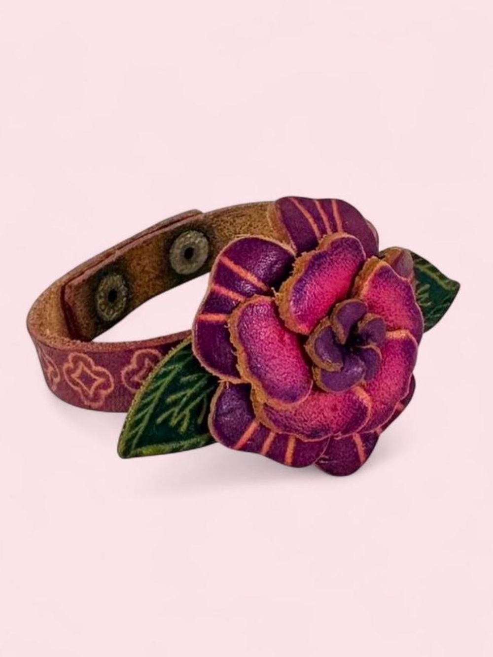 floral leather cuff bracelet with adjustable snapback closure